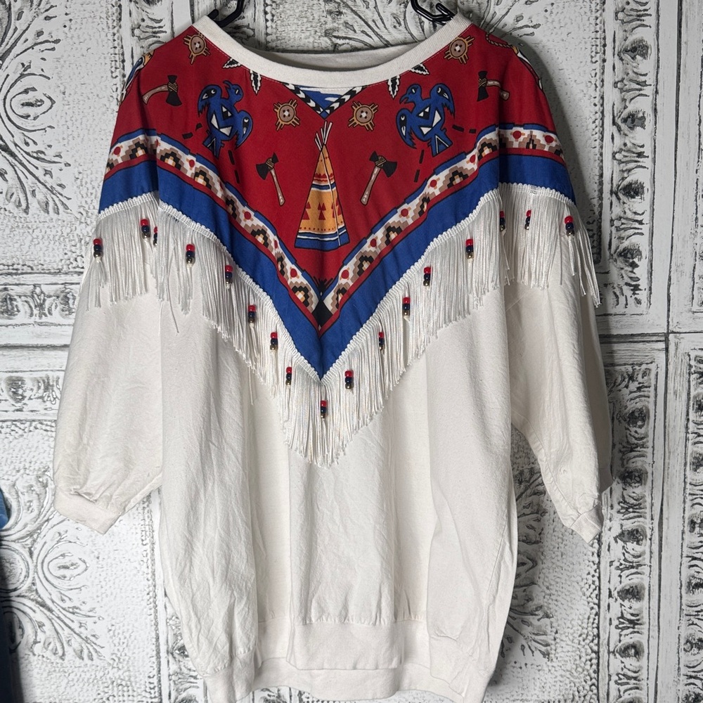 Vintage Aztec Oversized Western Shirt Fringe